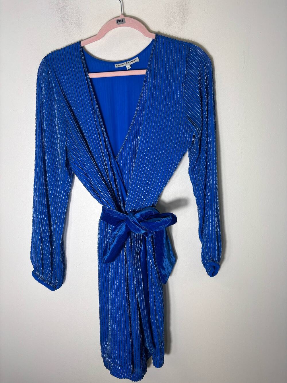 Karina Grimaldi Bright Blue Long Sleeve Knee Length Faux Wrap Dress Sz S